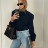 Women's Jackets Dark Blue Cropped Women Long Sleeves Big Pockets Chic Lady High Street Casual Coats Top Female 2023 230302