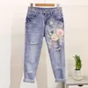 Dames s tweedelige broek zomer mode dames t shirt jeans Europese stijl denim pak borduurwerk 3D bloem vrouwelijke broek vintage kralen sets s xxl 230302
