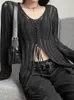 Goth Dark Mall Gothic See Through Bandage Blouse Grunge Black Casual Sexy Knitwear Tshirt Y2k Long Sleeve Streetwear Women Tops 230301