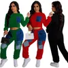 Women's Two Piece Pants Set Women Fall Winter Clothes Sexy Splicing O-neck Crop Tops Sets Lounge Club Outfits Streetwear Wholesale