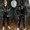 Men's Leather Faux Pu Bright Motorcycle Sportswear Black Hood Long Sleeve Jacket Pants Set Fashion Loose Casual Suit 230301