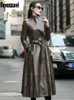 Kvinnorjackor Nerazzurri Autumn Long Brown Black Soft Faux Leather Trench Coat for Women Belt kjolade elegant lyxmode 5xl 6xl 7xl 230302