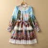 Spring Long Sleeve Round Neck Blue Dress Floral Print Tulle Panelled Sequins Buttons Sashes Knee-Length Elegant Casual Dresses 21D161103