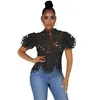 2023 Zomer Vrouwen Kleding Luxe Tops Gat Slanke Sexy Hoorn Mouw Stand Kraag Ademende Nachtclub Kleding Enkele Blouses