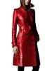 Kvinnorjackor Lautaro Autumn Long Red Print Leather Trench Coat for Women Belt Double Breasted Elegant British Style Fashion 230302