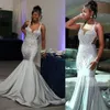 2023 Mermaid Evening Dresses Wear Orange Silver Plus Size Arabic Sheer Neck Crystal Beading Illusion Sleeveless Prom Formal Party Gowns Sweep Train