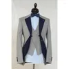 Herenpakken Fashion Business Gray Men Blue Rapel Kostuum Homme Bruidegom Prom Party Terno Masculino Slim Fit Wedding Blazer 3 stuks