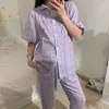 Vêtements de nuit pour femmes QWEEK Korean Homewear Femmes Filles Pyjamas À Carreaux Été 2023 Pyjamas Violet Pijamas Haut À Manches Courtes Et Long Bas 2