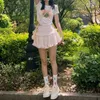 スカートhouzhou kawaiiかわいいフリル女性ピンクスイートハイウエストレースパッチワークフェアコアメッシュアリーネミニサマーモリガール230302