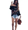 Women's T Shirts Sexy Chiffon Off Shoulder Women Floral Embroidery Tops 2023 Fashion Boho Black Femme Blusas