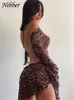 الفساتين غير الرسمية Nibber Party Night Sexy Leopard Leopard Backless انظر من خلال ملابس ملابس ملهمة ، ملابس مزدحمة ، دانتيل ، شارع Bodycon Mini Street 230302