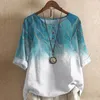 Blusas de mujer, Blusa de oficina con estampado de patrón Vintage, camisas para mujer, blusa holgada con botones y cuello redondo de primavera, ropa de calle de media manga para otoño, Blusa