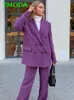 Costumes pour femmes Blazers T MODA Femmes Vintage Violet Double Boutonnage Bureau Porter Blazer Manteau Taille Haute Zipper Pantalon Femme Survêtement Chic Ensembles 230302