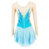 Robe de patinage artistique bleue à manches longues jupe de glace manches pointues robes de compétition Spandex demi-col maille