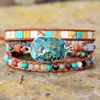 Strand Leather Wrap Armband w/ Stones Multi Color Natural Beads Crystal Weaving Statement Art Armband Gifts