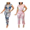 New Women Fashion Two Piece Pant Sets Short Sleeve Crew Neck Print Top and Skinny Pants Flower Printing African Female Sexy Suits Set SE1