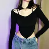 Women's Solid Color Sexy Irregular Navel Exposed Hollow Longsleeved Tees European American 2023 Spring Slim Tops 230301