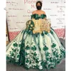 Hunter Green Princess Quinceanera Dresses 3D Flowers Beads Applique Lace-up corset Sweet 15 Dress with bear Party Wear Xv Anos