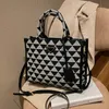 Prade Symbol Embroidered Fabric Large Tote Bag Shoulder Bag Geometric Black and White Color Matching Saffiano Leather Decoration Totebag for Womens 28x22x7cm