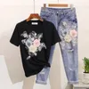 Dames s tweedelige broek zomer mode dames t shirt jeans Europese stijl denim pak borduurwerk 3D bloem vrouwelijke broek vintage kralen sets s xxl 230302