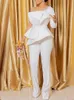 Women's Jumpsuits Rompers Women Elegant Jumpsuit White Beaded Long Sleeve Tunics Straight Wide Leg 1 Piece Outfit Rompers for Party Night Birthday Evening 230301