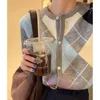 Damesbreien T Tees Autumn and Winter Fashion Ladies gebreide vest Koreaanse Retro Round Round Neck Plaid Sweater Dames All-Match Blouse 230302