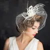 Coiffes Élégant Cage À Oiseaux Voile Formel De Mariée Fascinator Blanc Plume Ruban De Mariage Accessoire Pour Cheveux