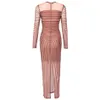 Casual Dresses Mysterious Sinuous Stripe Printed Kim Sheer Mesh Long Sleeves Back Slit Maxi Bondycon Gown 230302