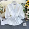 Women's Blouses Summer Fashion Temperament driekwart mouw V-hals shirt Damesontwerp Sense niche lotus blad hanger tas taille top