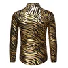 Men's Casual Shirts Shirt Long Sleeve Shiny Gold Striped Foil Print Slim Fit Social Formal Single Breasted For Man Clothing 2023