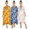 Kamuflaj Baskı Düğmeleri Payetli Cepler Gevşek Maxi Elbise Uzun Kollu Turn-Aşağı Yaka Varış Sonbahar Rahat Kadın Kıyafetleri Dress302U