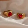 Wedding Rings Stainless Steel Statement Red Zircon Stone Heart Ring Exaggerated Bold Chunky Ring Band Party Rings For Women 230302