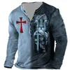 Men's T-Shirts Vintage Men's Cotton T-Shirts Knights Templar Print 3D T Shirts Summer Oversized Tops Long Sleeve Tee Casual Button-Down Clothes 230302