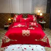 Sängkläder sätter rött lyxguld Phoenix 4/6 st broderi kinesiska bröllop bomullsuppsättning täcke täcke täcke lakan kuddar