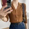 Kvinnors stickor Tees tröjor Kvinnor Notched Office Lady Elegant Simple Korean Style Ulzzang Cardigans Långärm Slim Casual Sticking Female Fashion 230302