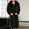 Men's Sleepwear Open Stitch Chic Winter Warm Hooded Fleece Lengthened Nightgown Thermal Men Bathrobe Solid Color Daily Clothing