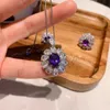 Flower Amethyst Diamond Set Sterling Sier Engagement Wedding Rings Earrings Necklace for Women Promise Jewelry