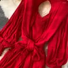 Casual Dresses Chiffon Women Maxi Party Dress 2023 Spring Long Sleeve Lady Red Bodycon Holiday Chic Fashion Vestidos B411