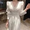 Casual Kleider Puff Sleeve Maxi Für Frauen Hohe Qualität Seide Koreanische Mode Kleidung V-ausschnitt Einreiher Elegante Vestido De Mujer