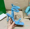 2023 Sandalen vrouwen Roman Summer High Heeled Party Dress Pumps Dark Blue Green Cross Strap Casual Beach Outsear Loop Shoe Runway Boteg