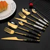 Geschirr Sets 420PCS Gold Edelstahl Besteck Besteck Smaragd Marmor Keramik Griff Messer Gabel Tee Löffel Abendessen 230302