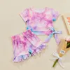 Clothing Sets Infant Girls Summer 2Pcs Outfit Short Sleeve Round Neck Knotted T-shirt Tie Dye Print Ruffle Shorts