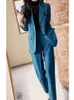 Ternos femininos Blazers Autumn Women's Office Troushers Suit Fashion Moda Simples Solid Laplel Manga Longa Blazerspant 2 Peças Conjunto fêmea Vintage Tunete 230302