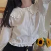 Women's Blouses Shirts HOUZHOU Kawaii White Shirt Women Ruffle Lace Patchwork Lolita Blouse Sweet Preppy Style Tops Blue Peter Pan Collar Long Sleeve 230302