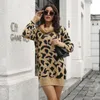 Casual Dresses 2023 Spring Autumn Leopard Print Knitted Turtleneck Dress Fashion Street Warm Short Elegant Loose Women Sweater