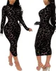 Casual Dresses Sexig abstrakt tryck Bodycon Dress Mock Neck Långärmad Mid-Calf Daily Skinny Fashion Women's