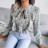 Blusas de mujer, blusas de gasa con estampado floral de manga larga con volantes y encaje de otoño para mujer, moda que combina con todo