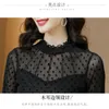 Damesblouses tingyili ruche stand kraag polka stip mesh top dames lente pure lage mouw sexy blouse Koreaanse stijl dames groen zwart