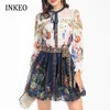 Kvinnor s Two Piece Pants Vintage Lace Embroidery Blue and Short 2 Piece Set Est Luxury Print Patchwork Shirt Mesh Mini Kjol Inkeo 2T128 230302