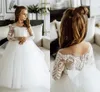 En existencia vestidos de niña de las flores pura manga larga apliques encaje niños cumpleaños vestido de novia MC2308